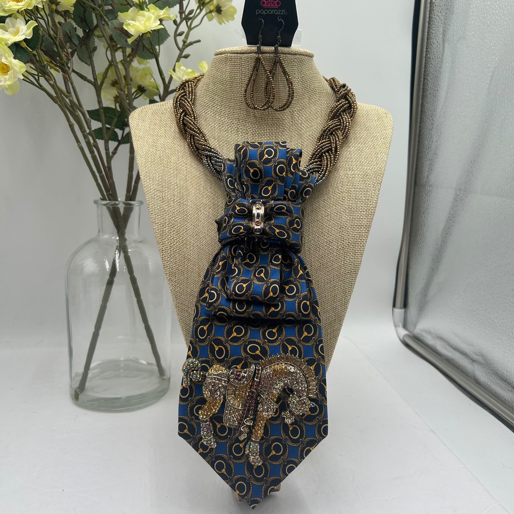 Club Room Silk Tie Horse Necklace Western Equestrian Blue Gold Crystal Brooch - Picture 12 of 12